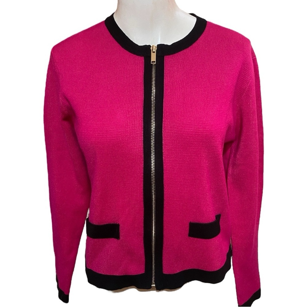Zara Knit Black and Pink Cardigan with front Zipper and Contrasting Size S